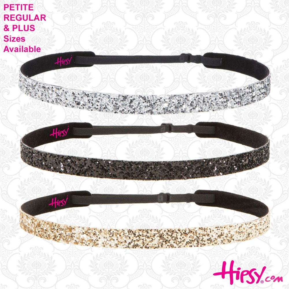 Hipsy 3pk Gold/Black/Silver Adjustable & No Slip Skinny Bling Glitter Headbands